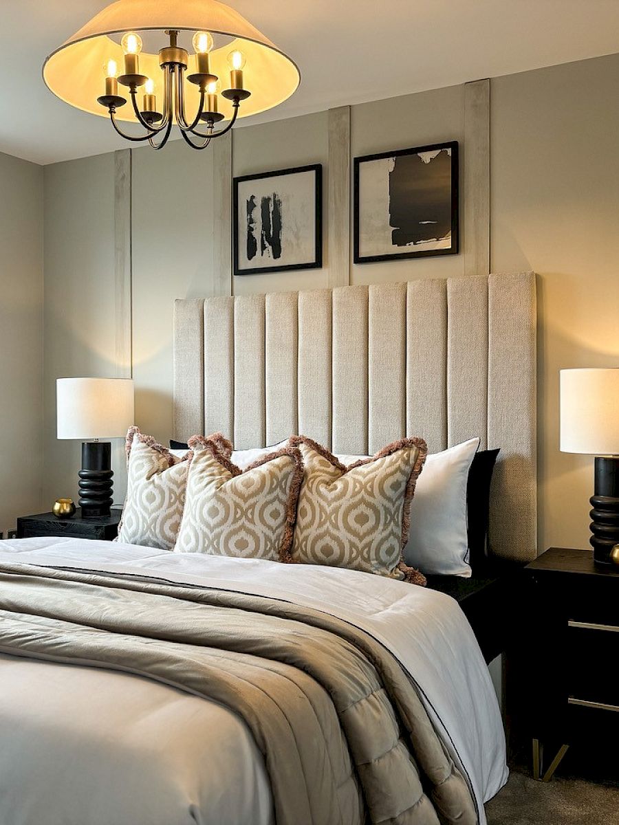 Bedroom with beige bed